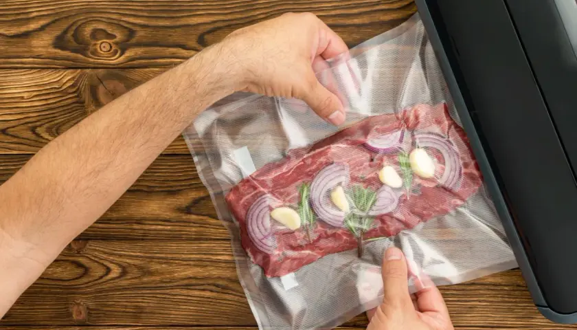Mięso z cebulą i czosnkiem w woreczku do pakowania próżniowego. Czy można mrozić produkty pakowane próżniowo? Tak, to świetny sposób na zachowanie świeżości.