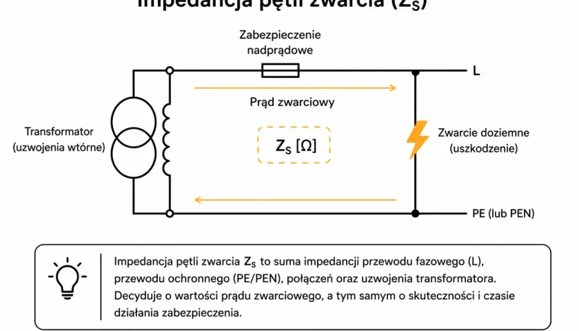 Schemat przedstawia pętlę zwarciową z transformatorem, zabezpieczeniem nadprądowym i punktem zwarcia. Kluczowa jest impedancja pętli zwarcia (Zs), która wpływa na prąd zwarciowy i działanie zabezpieczeń.