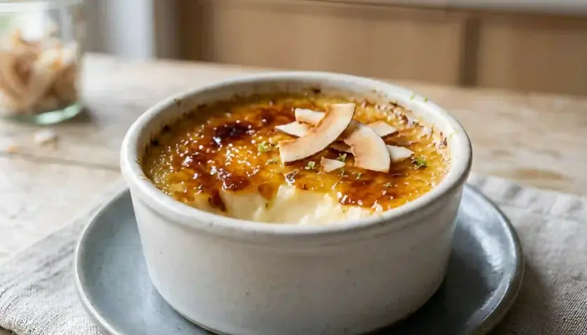 Crème brûlée avec une croûte caramélisée dorée, garnie de copeaux de noix de coco et d'un soupçon de zeste vert.