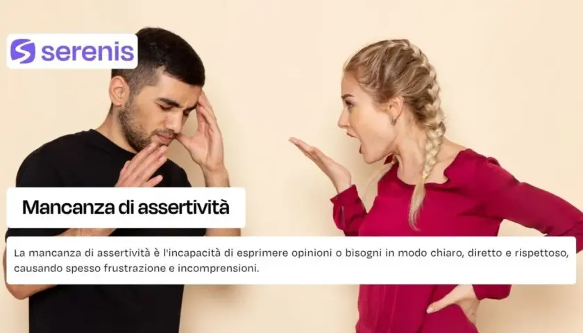Uomo frustrato mentre una donna urla. Immagine illustra come reagire alla mancanza di rispetto, con il testo "Mancanza di assertività".