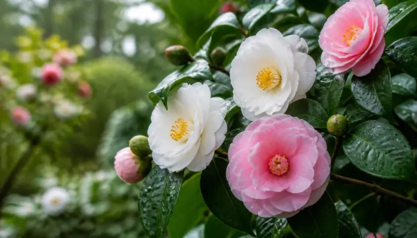 Fleurs de camélia roses et blanches épanouies dans une plantation. Les feuilles vertes et humides entourent les bourgeons.