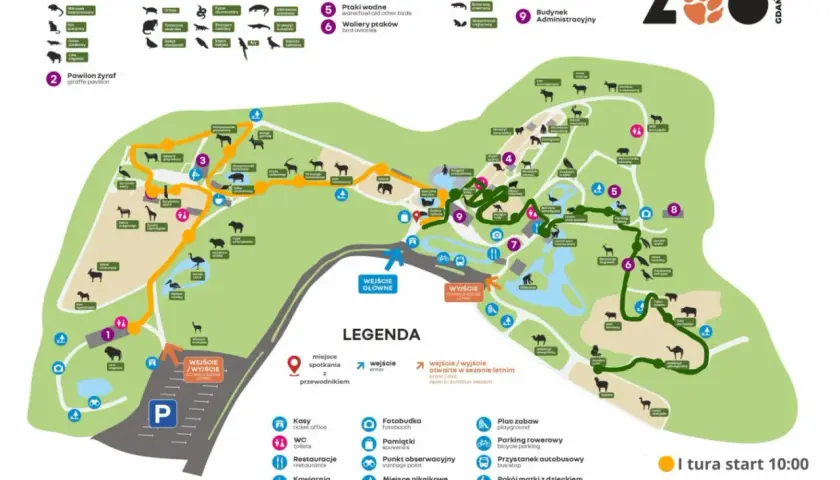 Mapa zoo w Gdańsku z zaznaczonymi pawilonami zwierząt, wejściami, wyjściami i legendą.