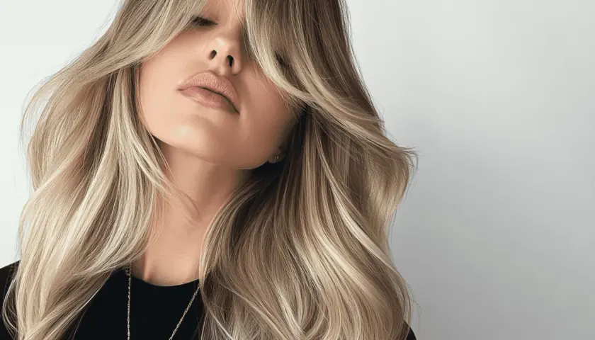 Kobieta z falowanymi, blond włosami i cieniowaną grzywką na boki. Delikatny makijaż ust podkreśla jej urodę.