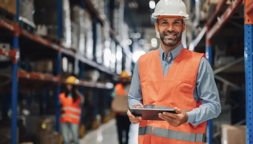 Uśmiechnięty logistyk w kamizelce odblaskowej i kasku trzyma tablet, nadzorując pracę w magazynie.