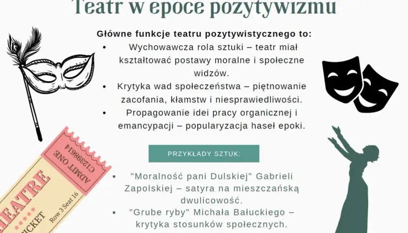 Teatr w epoce pozytywizmu: wychowywał, krytykował wady społeczne i propagował hasła emancypacji.