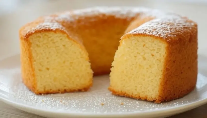 Gâteau moelleux en forme de couronne, saupoudré de sucre glace. Un délicieux dessert sans oeuf, parfait pour toutes les occasions.