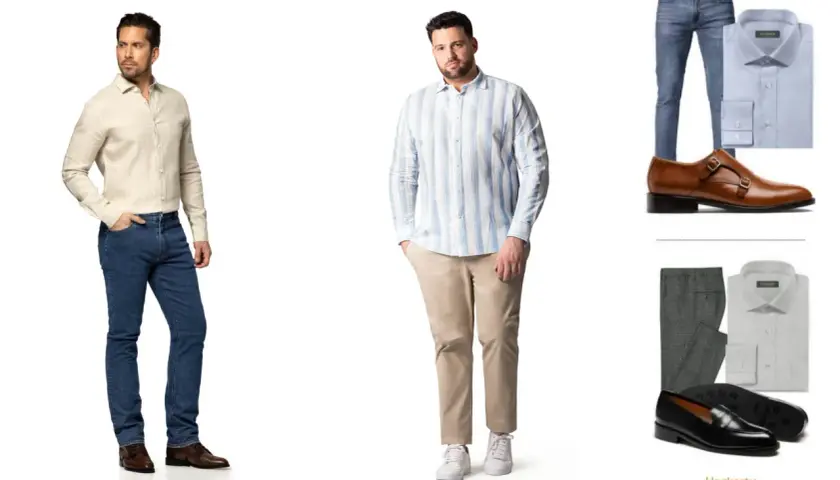 Dos hombres modelan vestimenta business casual: uno con camisa beige y jeans, otro con camisa a rayas y pantalones caqui.