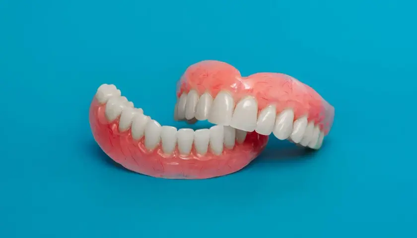 Un paio di protesi dentarie, con denti bianchi e gengive rosa, su sfondo blu. Soluzione per denti mobili.