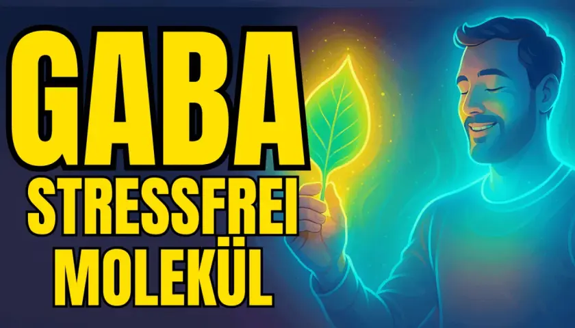 Mann hält leuchtendes Blatt, "GABA STRESSFREI MOLEKÜL" groß geschrieben. Richtige GABA Dosierung für Entspannung.