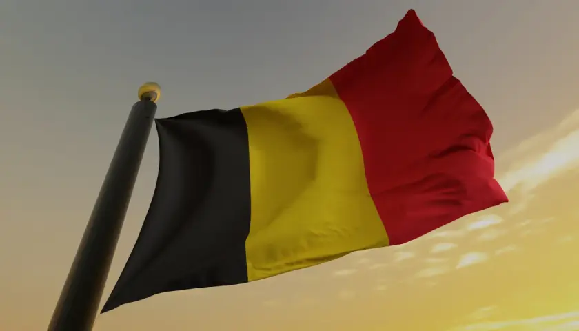 Flaga Belgii powiewająca na maszcie na tle zachodzącego słońca.