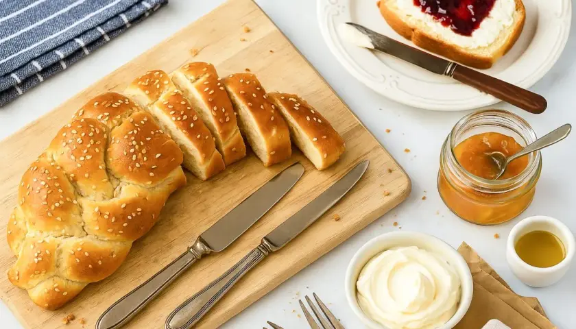 Pane intrecciato dorato con semi di sesamo, affettato su un tagliere di legno, pronto per essere gustato con marmellata e burro.