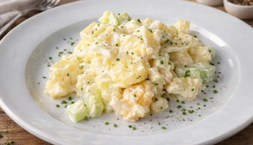 Cremiger Kartoffelsalat mit Sellerie und Schnittlauch, serviert auf einem weißen Teller. Ein köstlicher Klassiker, der an 7 Tassen Salat erinnert.