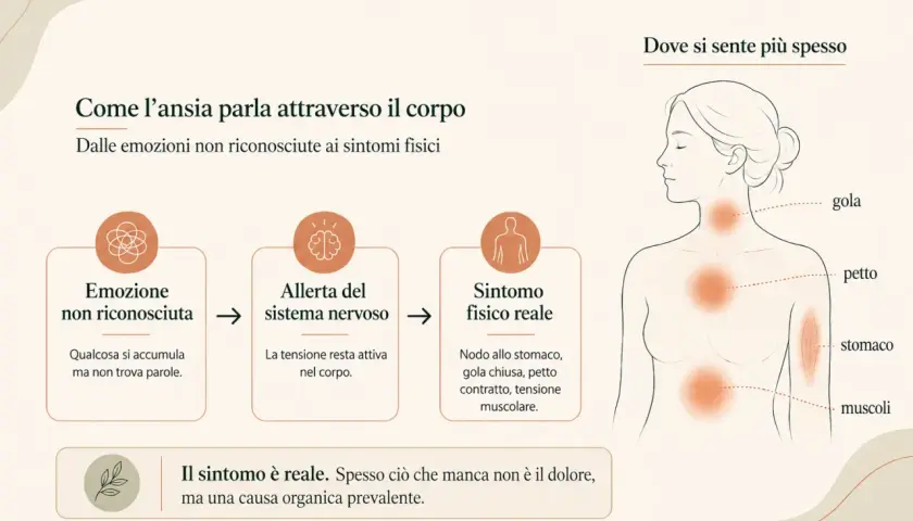 Schema che illustra come le emozioni non riconosciute causano allerta nervosa e sintomi fisici reali, come il disturbo di somatizzazione.