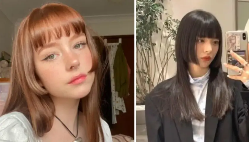 Dos mujeres con corte de pelo hime cut. Una tiene el pelo castaño rojizo y la otra, negro azabache.