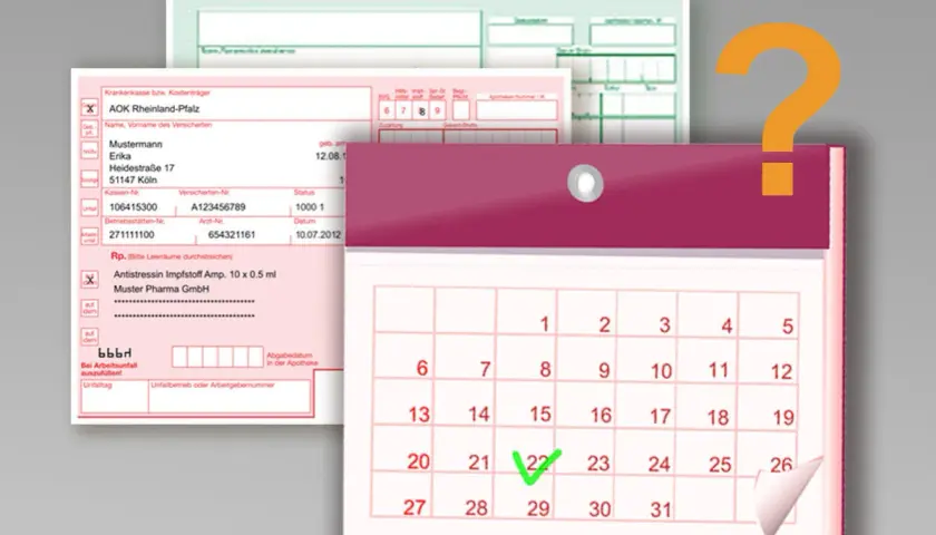 Rezept und Kalender mit markiertem Datum, daneben ein Fragezeichen.