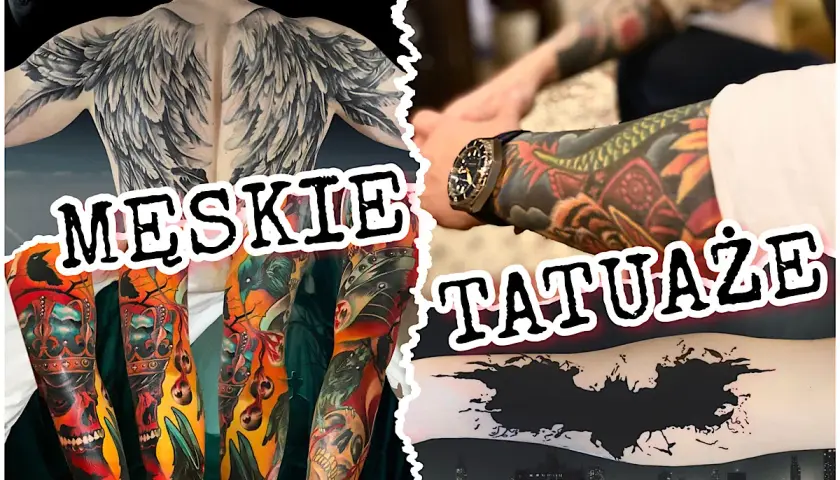 Męskie tatuaże na udzie: skrzydła anioła, czaszki, smoki i symbol Batmana.