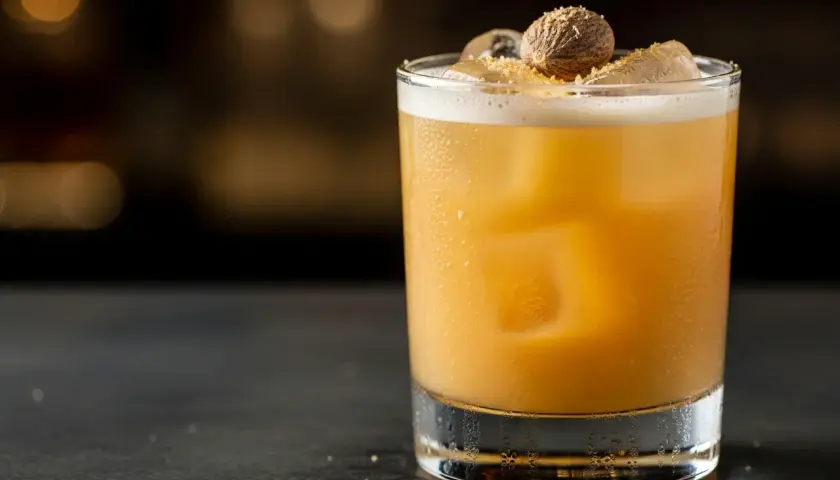 En gyllene drink med is, toppad med muskotnöt. En perfekt "painkiller drink" för en avslappnad kväll.