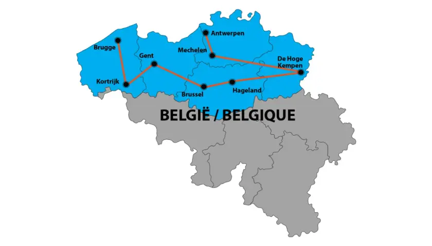 Carte de la Belgique avec un itinéraire suggéré pour découvrir les plus beaux endroits en camping-car : Bruges, Gand, Courtrai, Bruxelles, Malines, Anvers, Hageland et De Hoge Kempen.
