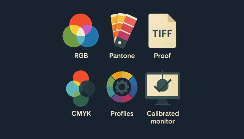 Ikony: RGB, Pantone, Proof, CMYK, Profiles, Calibrated monitor. Kluczowe dla jakości wydruku są dpi i ppi.
