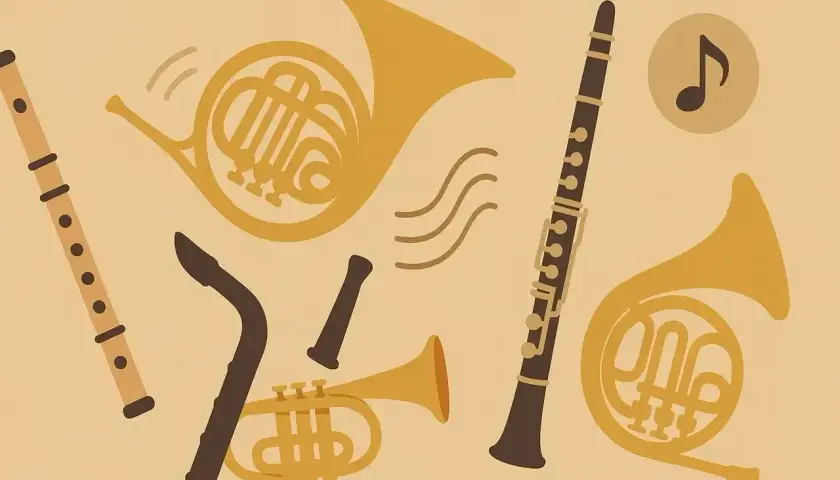 Instrumenty dęte drewniane: flet, klarnet, saksofon, trąbka i dwa rogi.