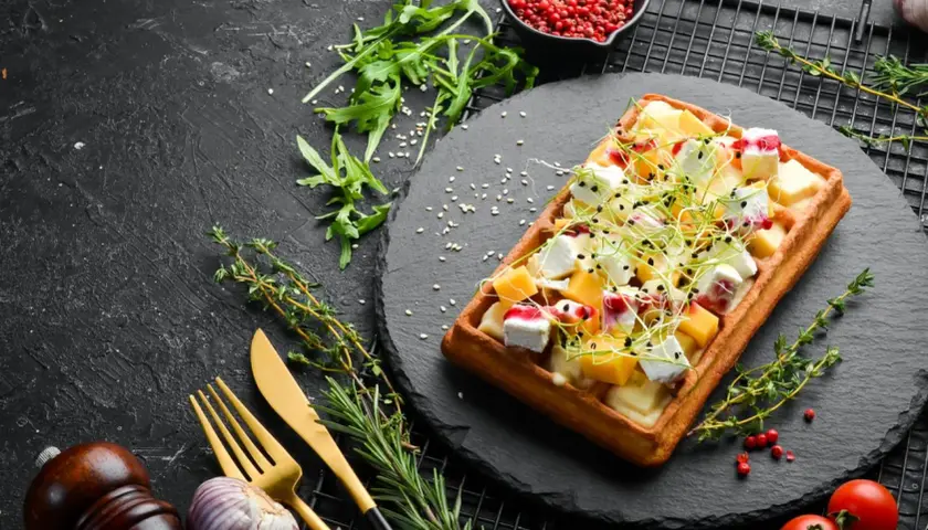 Gaufre salée garnie de fromage, de dés de mangue et de pousses, sur une ardoise noire.