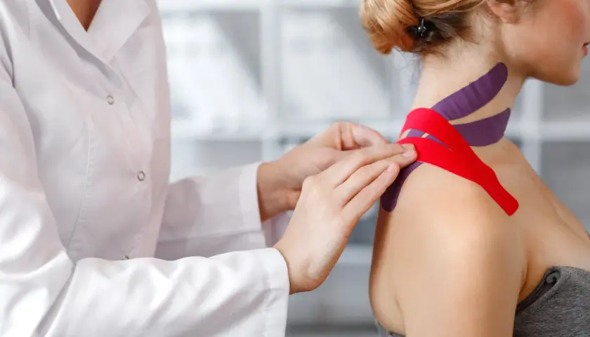Fizjoterapeuta zakłada taśmy na szyję pacjentki. Warto znać kinesiotaping przeciwwskazania, by uniknąć problemów.
