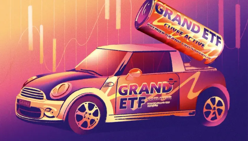 Ein Auto mit "GRAND ETF CUVEE ACTIVE" Aufschrift, darauf eine Dose "GRAND ETF". Ein Symbol für aktive ETFs.