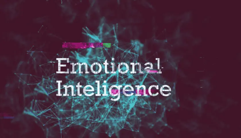 Text "Emotional Intelligence" overlaid on a digital network. Overcoming an internal roadblock is key to developing this skill.
