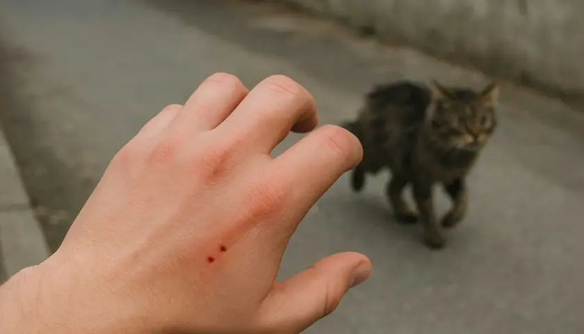 Mano con dos pequeñas heridas rojas, evidencia de una mordedura de gato. El felino se aleja desenfocado al fondo.