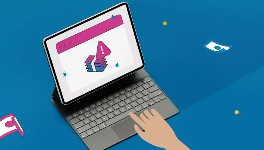 Ręka klika w tablet z ostrzeżeniem o błędach i ikoną kyc. Wokół leżą monety i banknoty.