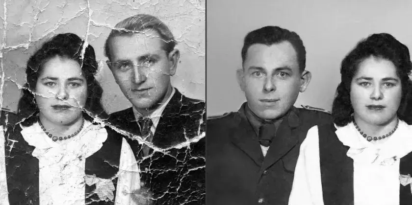 Przed i po retuszu starych zdjęć online. Para na zniszczonym i odnowionym portrecie.
