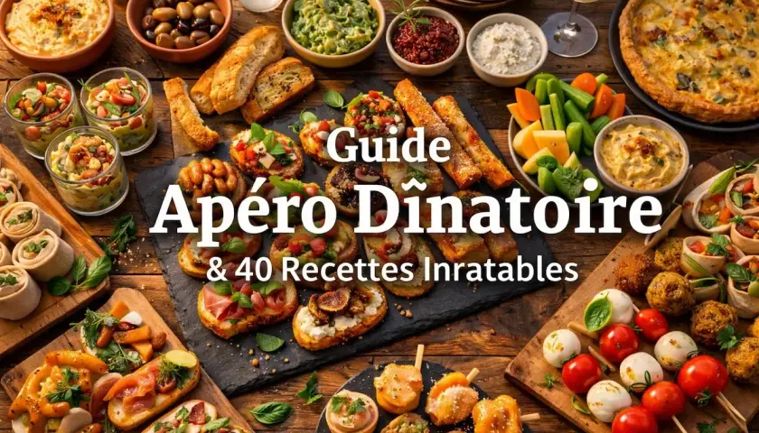 Un festin pour un apéritif dinatoire pour 8 personnes : tartes, brochettes, verrines, bruschettas et dips variés.