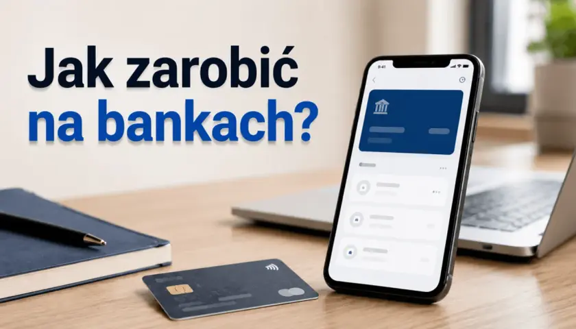 Jak zarobić na bankach? Smartfon z aplikacją bankową, karta płatnicza i notatnik na biurku sugerują strategie finansowe.