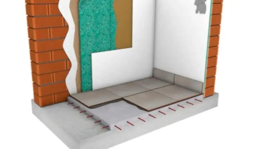 Corte de pared y suelo mostrando capas de aislamiento térmico, ladrillos, yeso y baldosas. Un sistema que garantiza el mejor aislante térmico.
