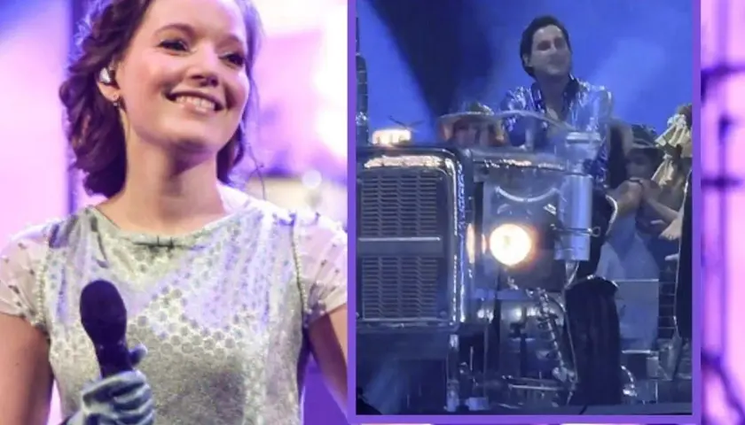 Sanah na scenie, obok niej widać fragment scenografii z mężczyzną, być może jej mężem, w błyszczącej kurtce.