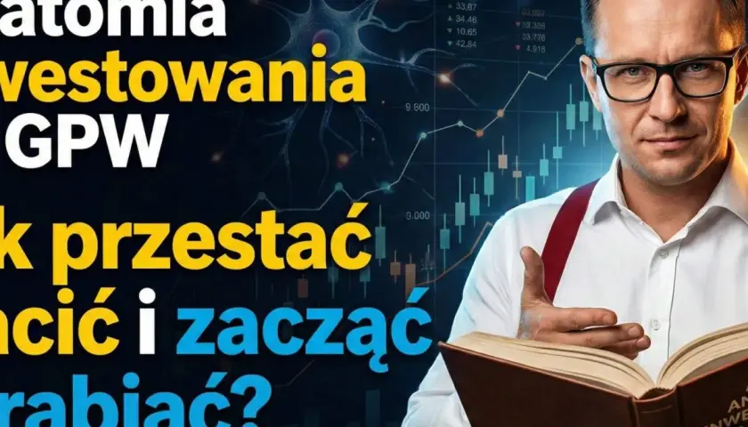 Anatomia inwestowania na GPW: jak przestać tracić i zacząć zarabiać? Mężczyzna z książką na tle wykresów giełdowych.