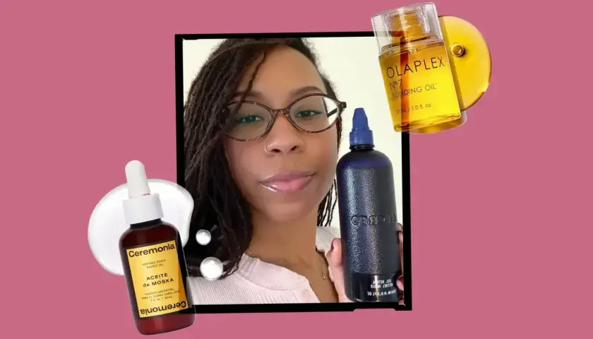 Kobieta z warkoczykami i okularami prezentuje produkty do pielęgnacji włosów. Włosy wysokoporowate to jakie? Olejek Olaplex i serum Ceremonia pomogą je odżywić.