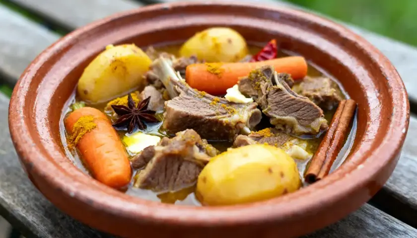 Navarin d'agneau cocotte en fonte, un plat mijoté aux carottes, pommes de terre, anis étoilé et bâton de cannelle.