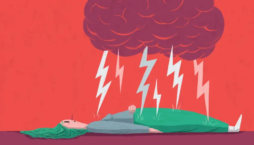 En person ligger ner under en mörk moln som släpper blixtar. Bilden symboliserar neurologiska symtom vid stress.