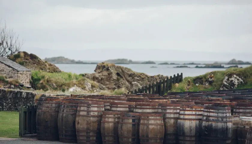 Barils de vieillissement devant une distillerie Écosse, avec la mer et des rochers en arrière-plan.