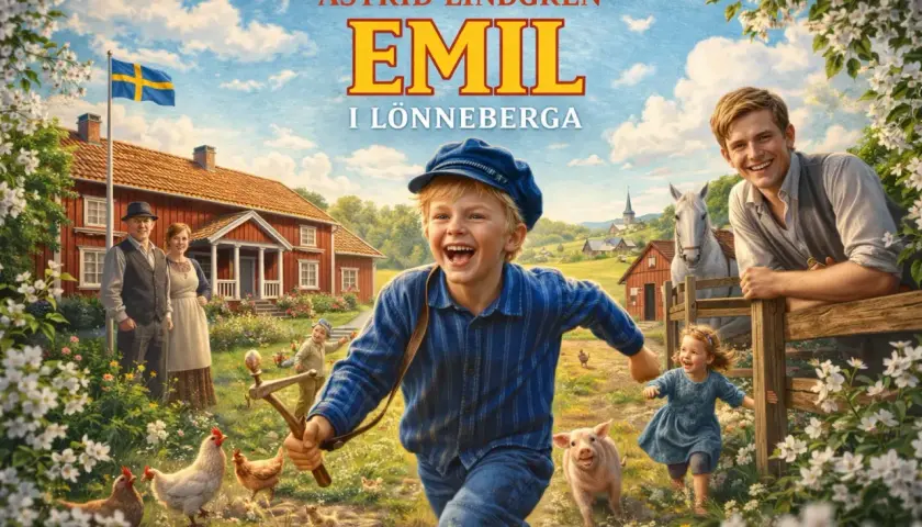 Emil i Lönneberga springer glatt på gården med en gris och kycklingar. Föräldrarna står vid huset, en häst betar och en flicka springer.