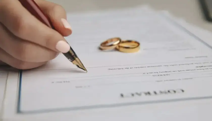 Dłoń z piórem podpisuje dokument, obok leżą obrączki. To umowa o rozdzielność majątkową.