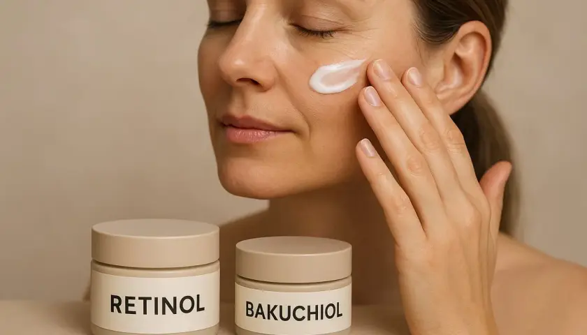 Kvinna applicerar kräm med retinol a. Två burkar med hudvårdsprodukter, en märkt "RETINOL" och den andra "BAKUCHIOL".