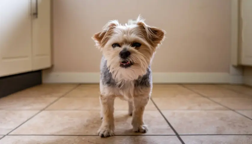 Perro Yorkshire Terrier con aspecto cansado, quizás por faringitis en perros.