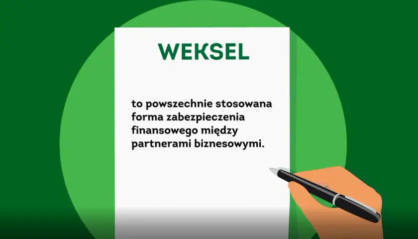 Dłoń trzyma pióro nad dokumentem z napisem "WEKSEL". Tekst wyjaśnia, że weksel in blanco to powszechna forma zabezpieczenia finansowego.