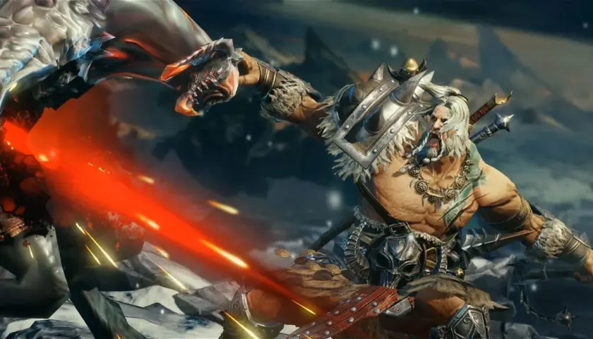 Wojownik z Diablo Immortal walczy z potworem, używając ognistej broni.