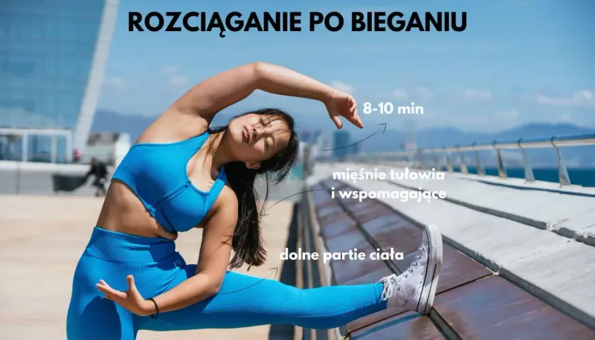 Kobieta w niebieskim stroju wykonuje rozciąganie po bieganiu, skupiając się na mięśniach tułowia i dolnych partiach ciała.