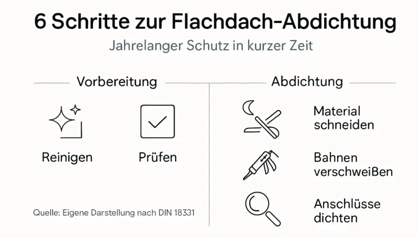 6 Schritte zur Flachdach-Abdichtung: Vorbereitung (Reinigen, Prüfen) und Abdichtung (Material schneiden, Bahnen verschweißen, Anschlüsse dichten). So werden Schrauben am Flachdach abgedichtet.