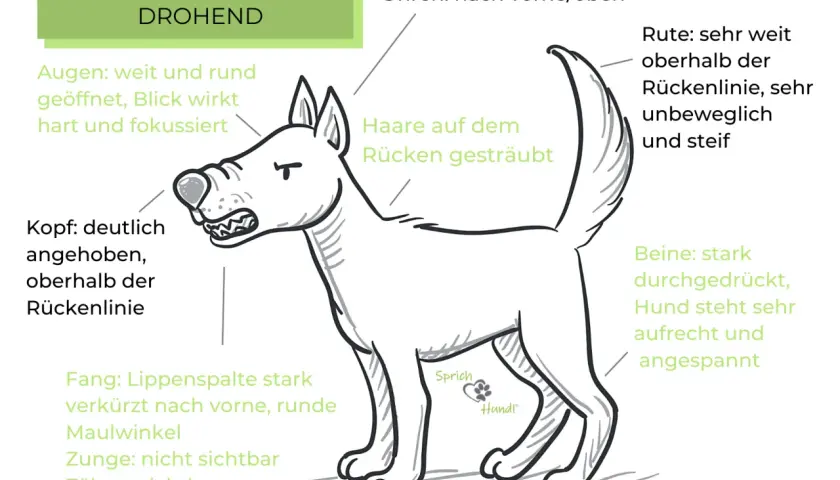 Hund zeigt territoriales Verhalten: aufrechte Haltung, gesträubtes Fell, Zähne gefletscht. Sicher drohend.