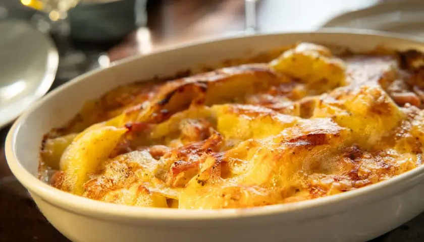 Un délicieux gratin dauphinois aux pommes de terre et reblochon, doré et gratiné, prêt à être dégusté.
